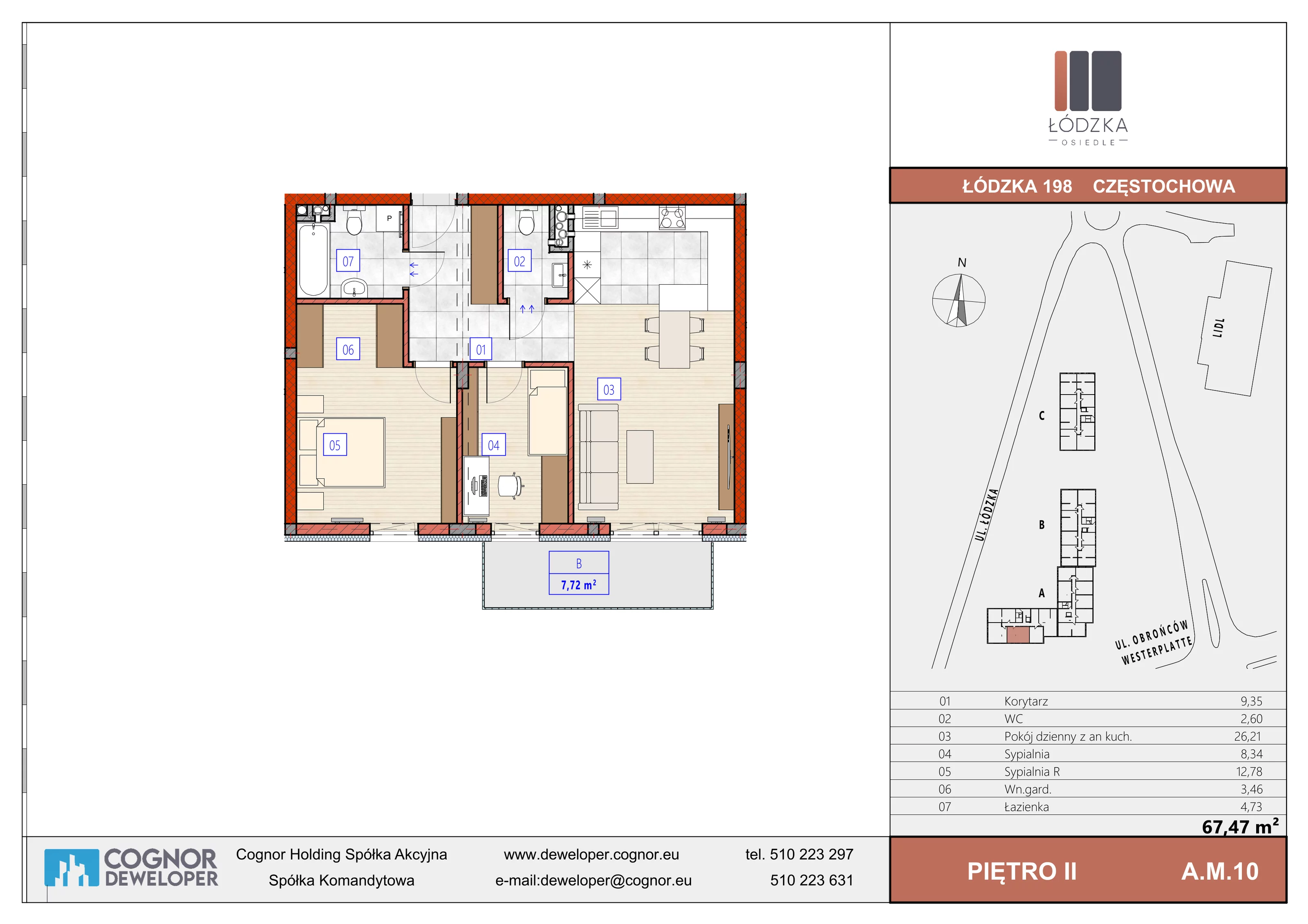 3 pokoje, mieszkanie 67,47 m², piętro 2, oferta nr A.M.10, Łódzka Osiedle, Częstochowa, Częstochówka-Parkitka, ul. Łódzka 198, 200, 202